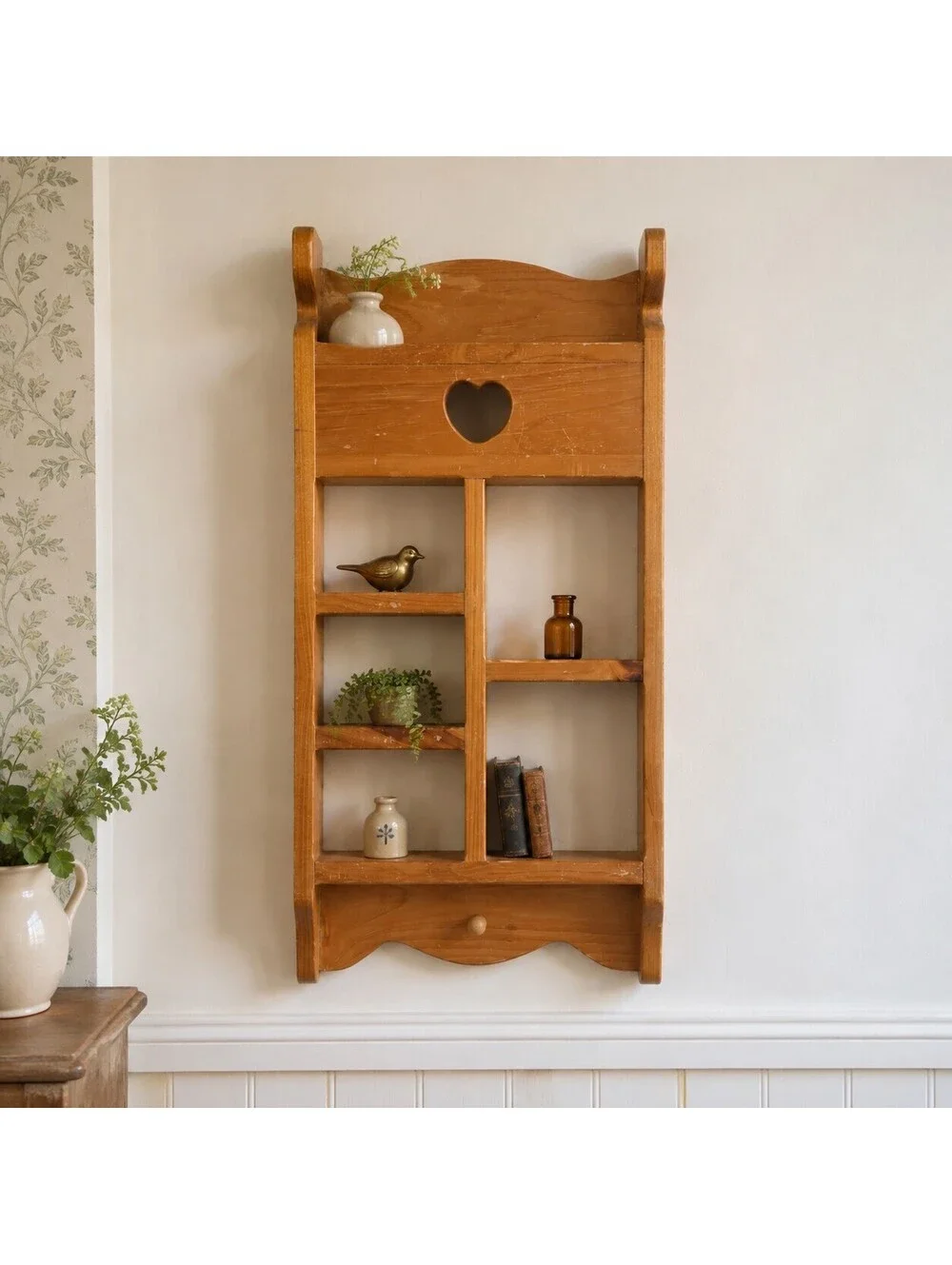 Vintage Pine Wood Wall Cubby Shelf Heart Cutout 5 Compartments Farmhouse